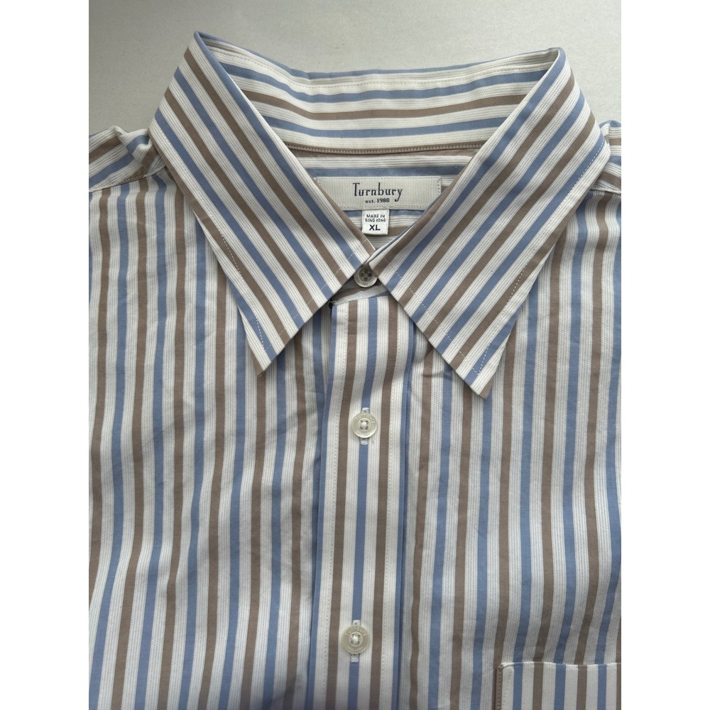 Turnbury Mens XL Striped Button Down Shirt Blue Tan White 100%Cotton Long Sleeve